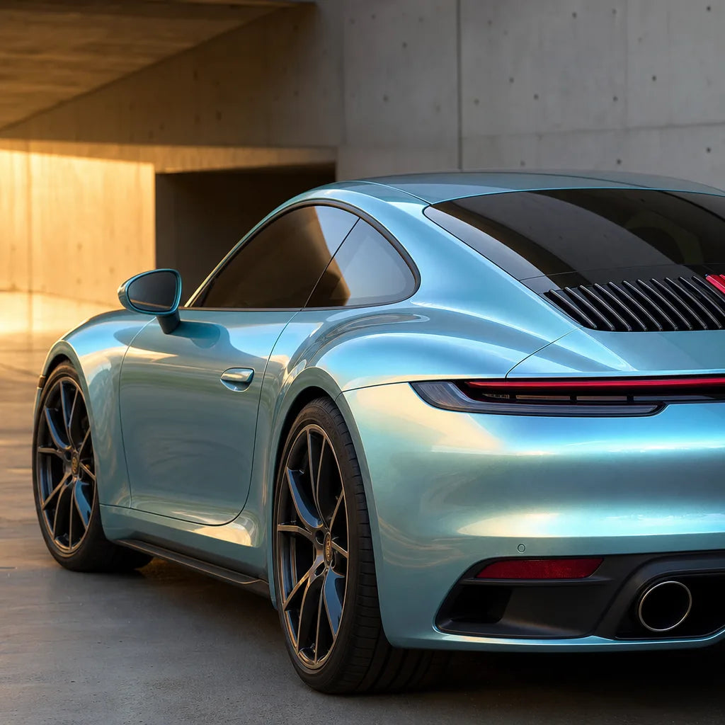 Luxury car wrapped in Metallic Chameleon Rock Grey gloss colored PPF at golden hour | Veloro