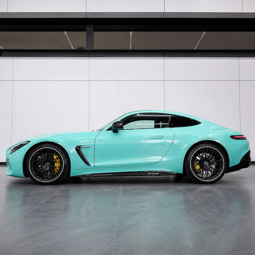 Metallic Chameleon Tiffany Pink gloss colored PPF wrapped on a Mercedes-AMG GT side profile | Veloro