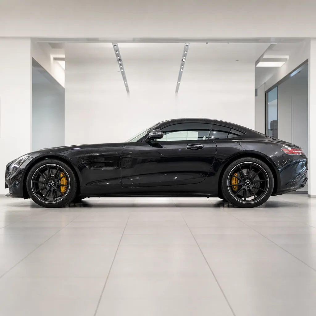 Metallic Charcoal Grey gloss colored PPF wrapped on a Mercedes-AMG GT side profile | Veloro