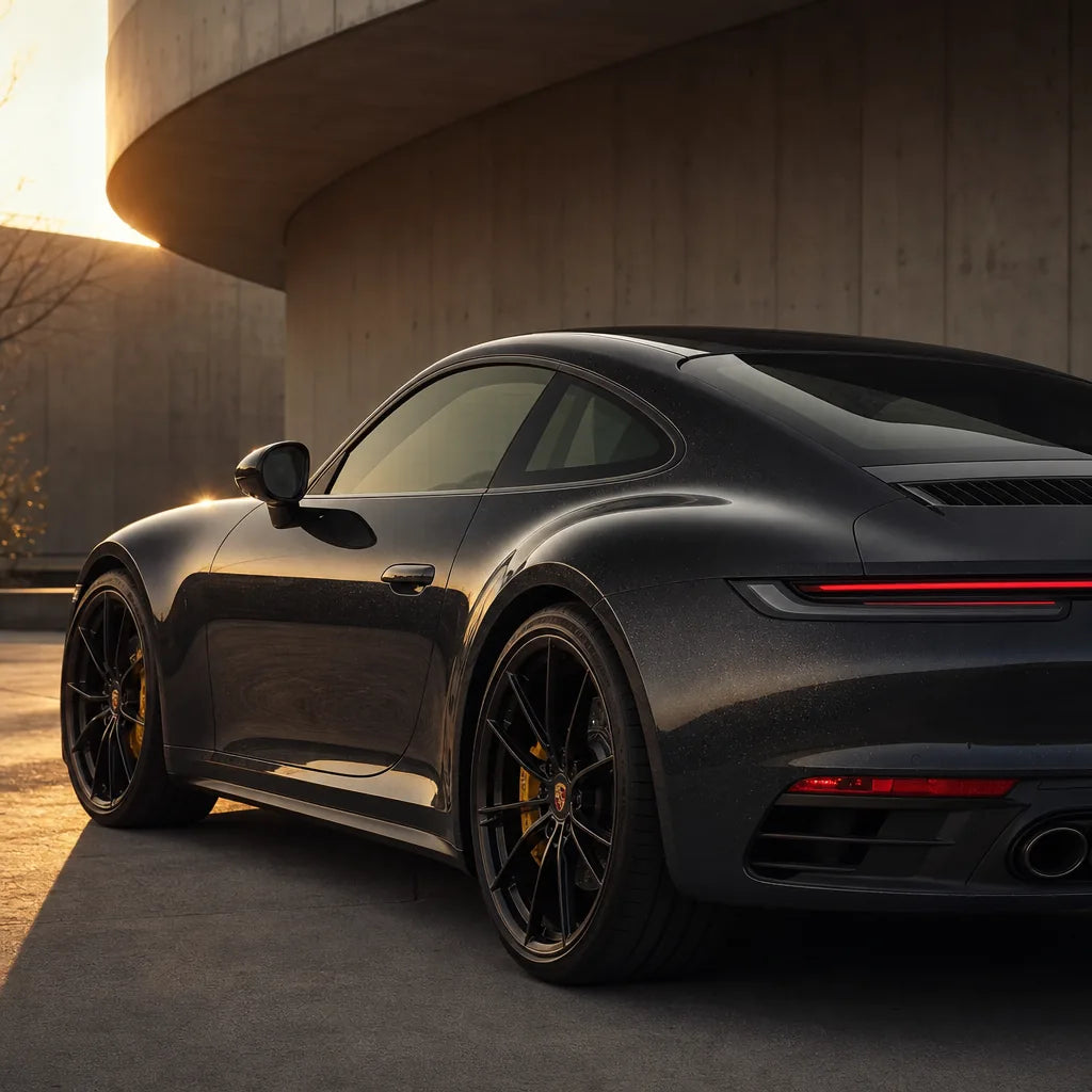 Luxury car wrapped in Metallic Charcoal Grey gloss colored PPF at golden hour | Veloro