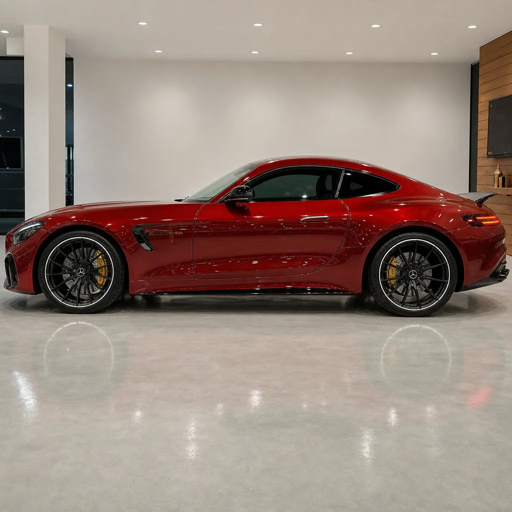 Metallic Cherry Red gloss colored PPF wrapped on a Mercedes-AMG GT side profile | Veloro