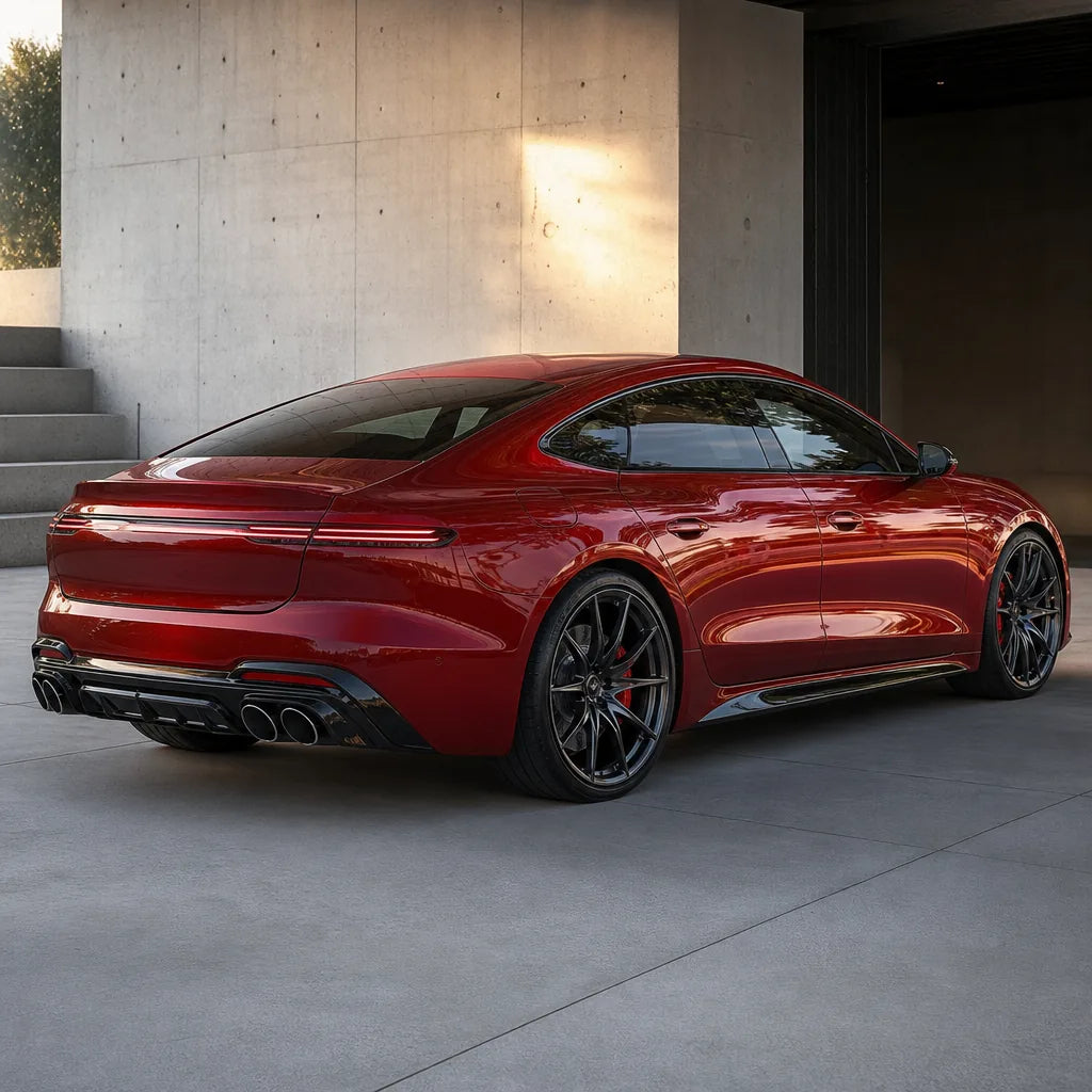 Luxury car wrapped in Metallic Cherry Red gloss colored PPF at golden hour | Veloro