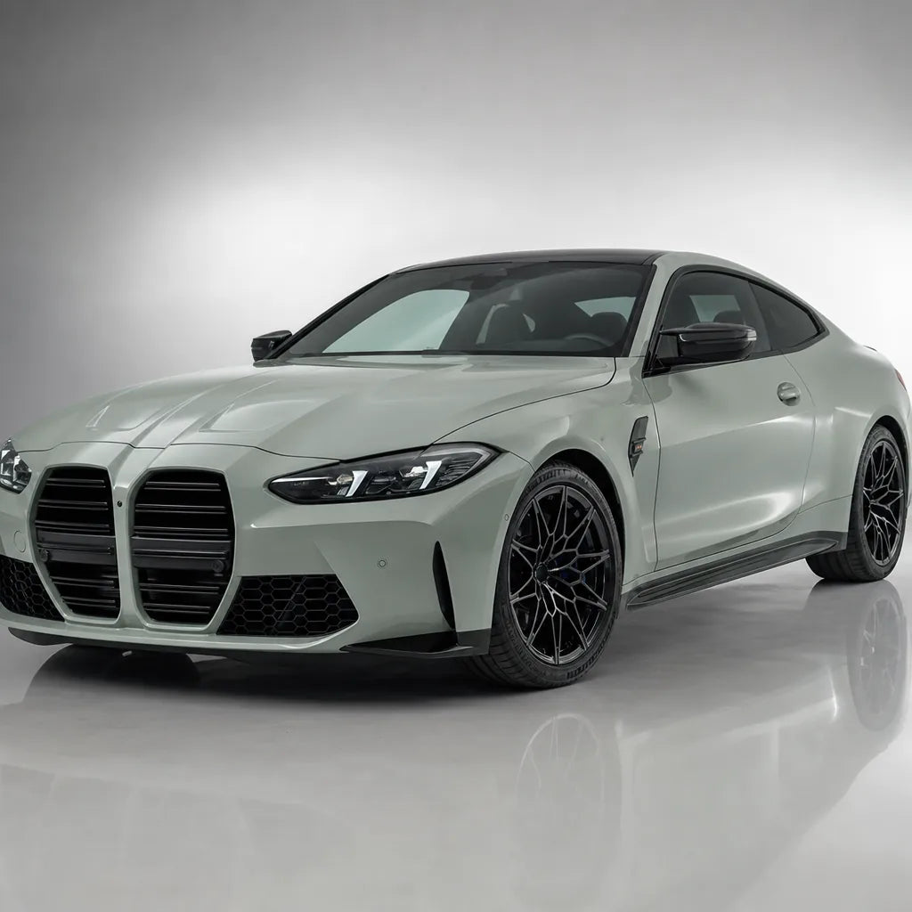 Metallic Cream Grey gloss colored PPF wrapped on a BMW M4 | Veloro