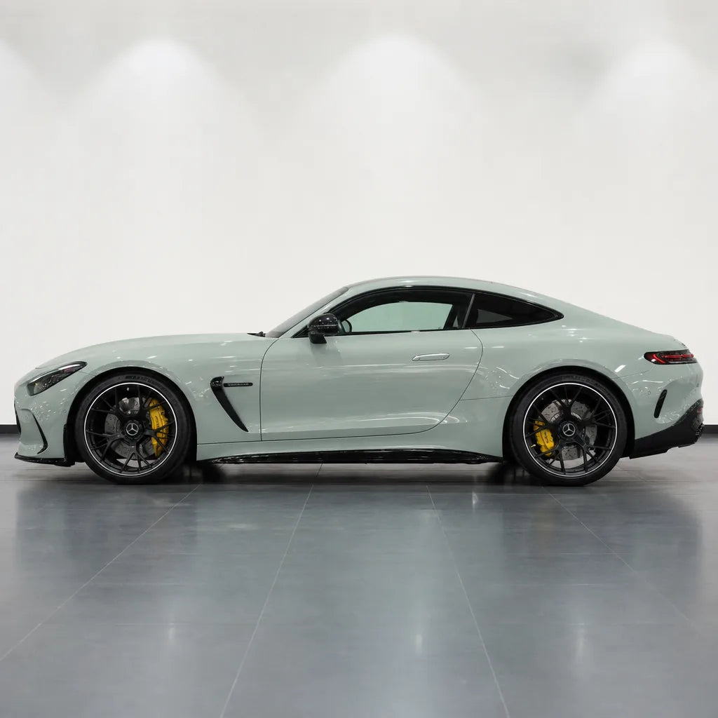 Metallic Cream Grey gloss colored PPF wrapped on a Mercedes-AMG GT side profile | Veloro