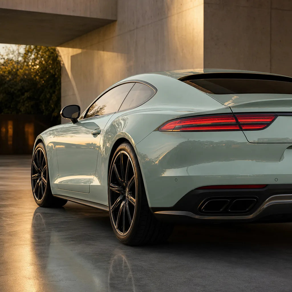 Luxury car wrapped in Metallic Cream Grey gloss colored PPF at golden hour | Veloro