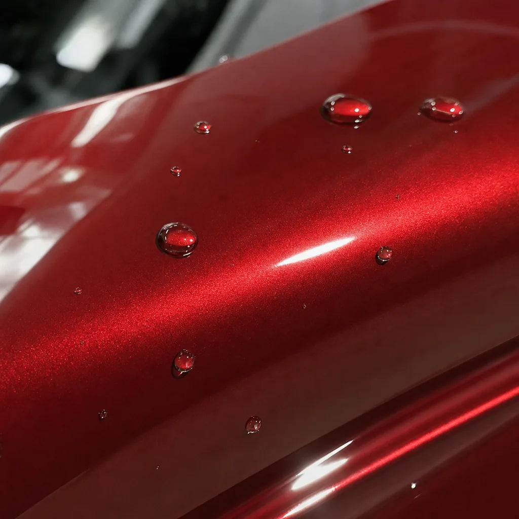 Close-up of Metallic Crimson Red gloss colored PPF surface texture | Veloro
