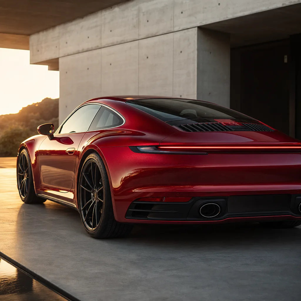 Luxury car wrapped in Metallic Crimson Red gloss colored PPF at golden hour | Veloro