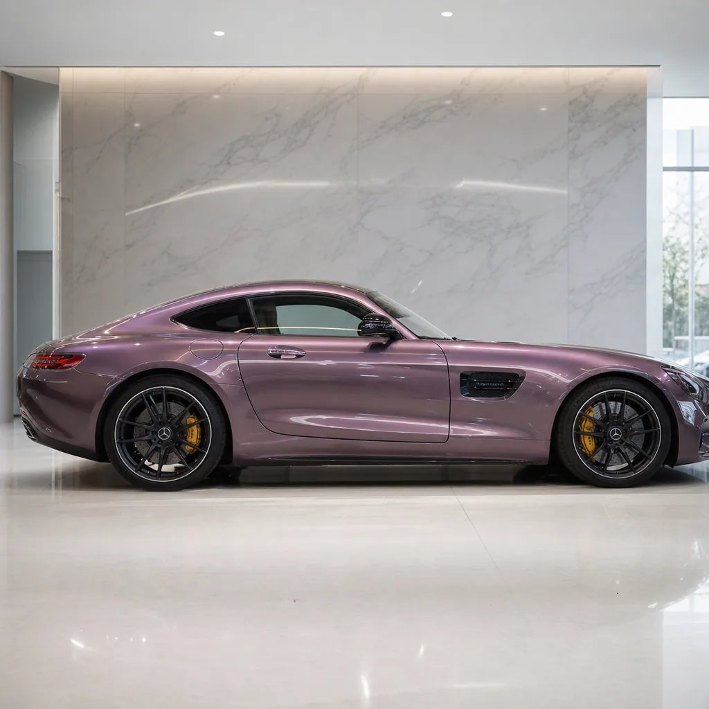 Metallic Crystal Bronze gloss colored PPF wrapped on a Mercedes-AMG GT side profile | Veloro