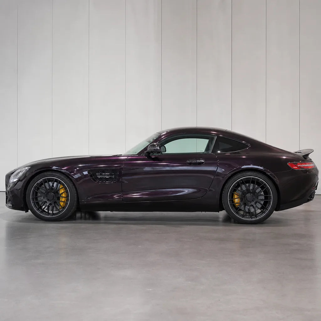 Metallic Dark Agate gloss colored PPF wrapped on a Mercedes-AMG GT side profile | Veloro