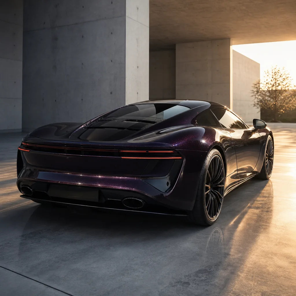 Luxury car wrapped in Metallic Dark Agate gloss colored PPF at golden hour | Veloro