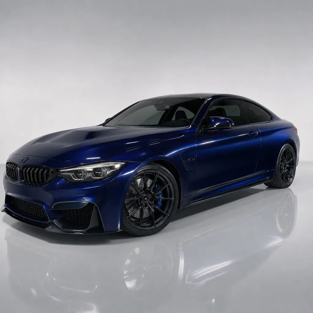 Metallic Dark Blue Audi Navarre Blue gloss colored PPF wrapped on a BMW M4 | Veloro
