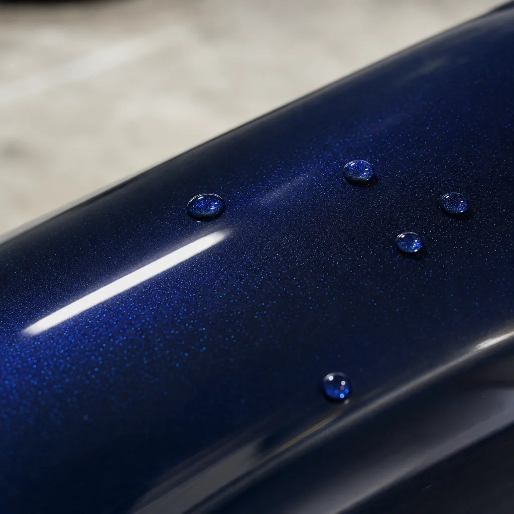 Close-up of Metallic Dark Blue Audi Navarre Blue gloss colored PPF surface texture | Veloro