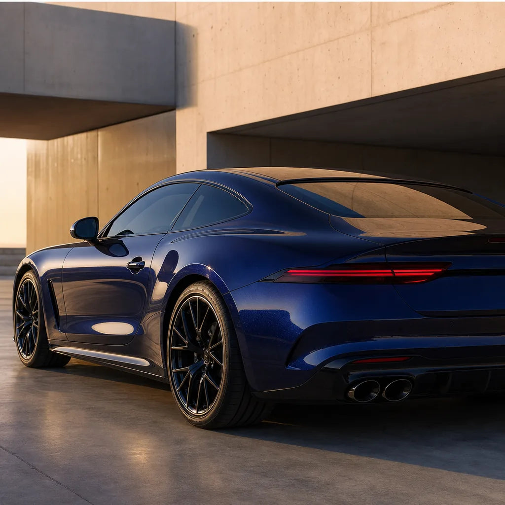 Luxury car wrapped in Metallic Dark Blue Audi Navarre Blue gloss colored PPF at golden hour | Veloro
