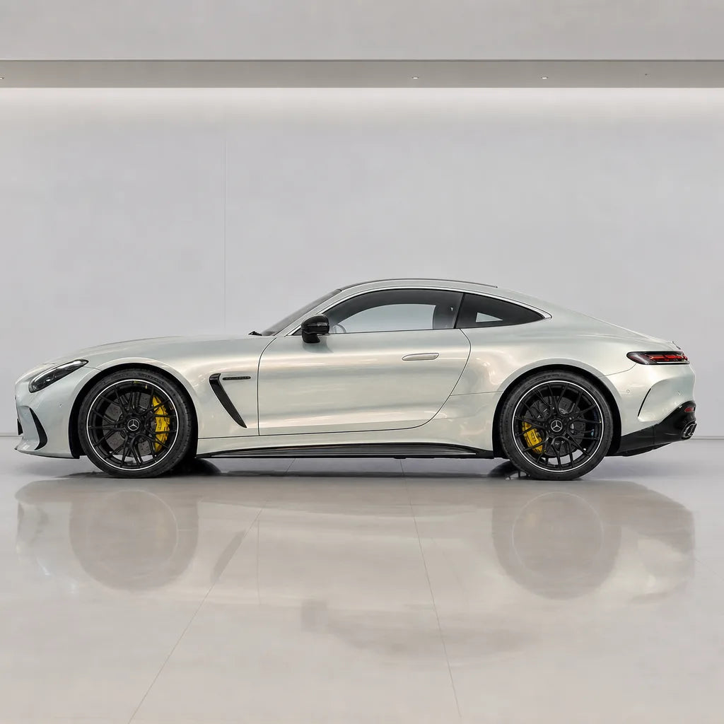Metallic Dawn Gold gloss colored PPF wrapped on a Mercedes-AMG GT side profile | Veloro