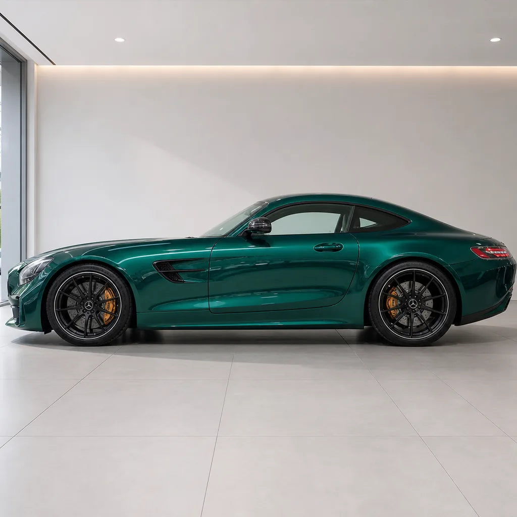 Metallic Deep Sea Green gloss colored PPF wrapped on a Mercedes-AMG GT side profile | Veloro