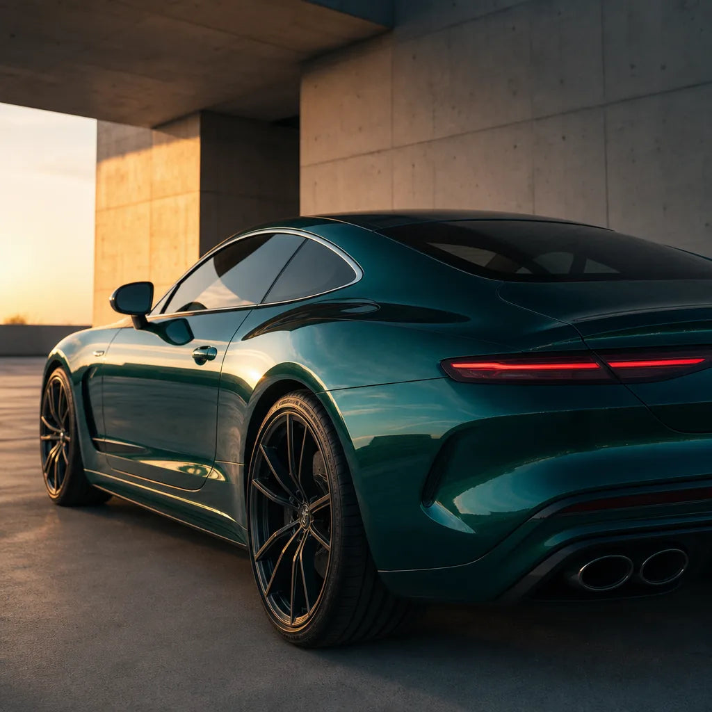 Luxury car wrapped in Metallic Deep Sea Green gloss colored PPF at golden hour | Veloro
