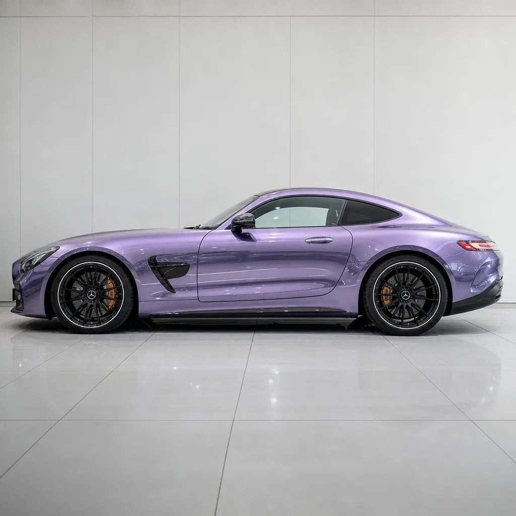Metallic Deep Violet Purple gloss colored PPF wrapped on a Mercedes-AMG GT side profile | Veloro