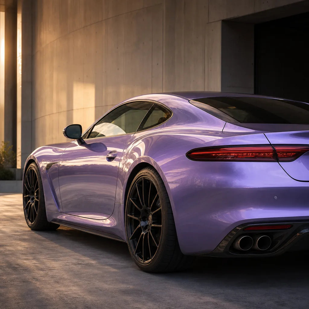 Luxury car wrapped in Metallic Deep Violet Purple gloss colored PPF at golden hour | Veloro
