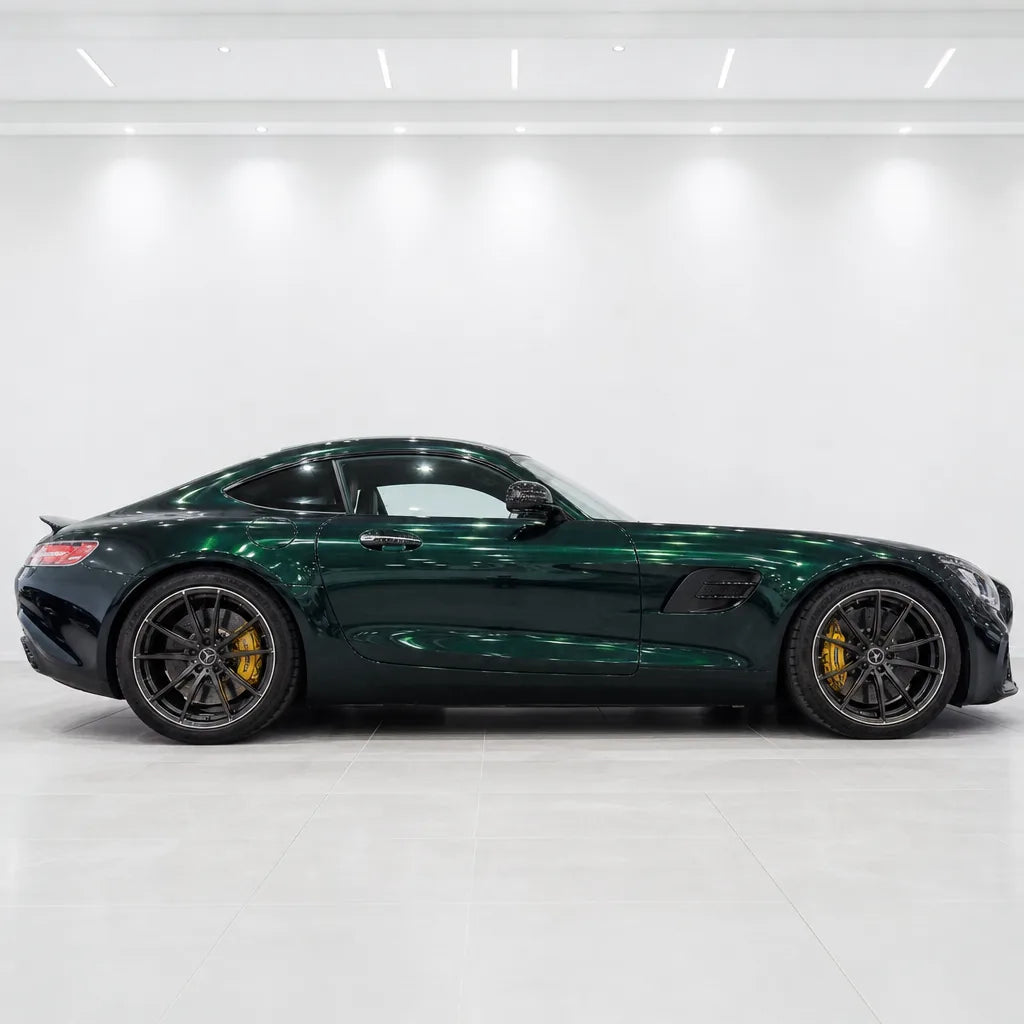 Metallic Emerald Green gloss colored PPF wrapped on a Mercedes-AMG GT side profile | Veloro