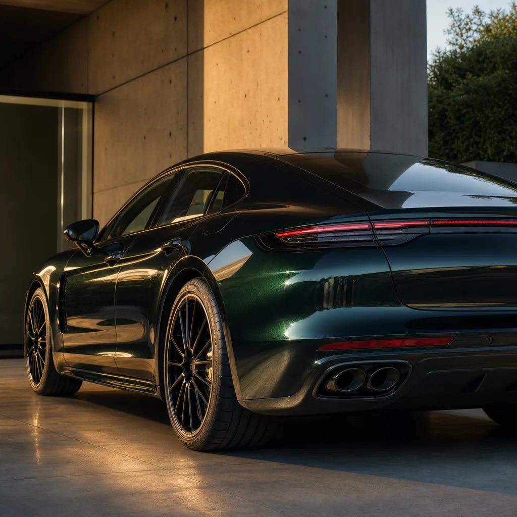 Luxury car wrapped in Metallic Emerald Green gloss colored PPF at golden hour | Veloro
