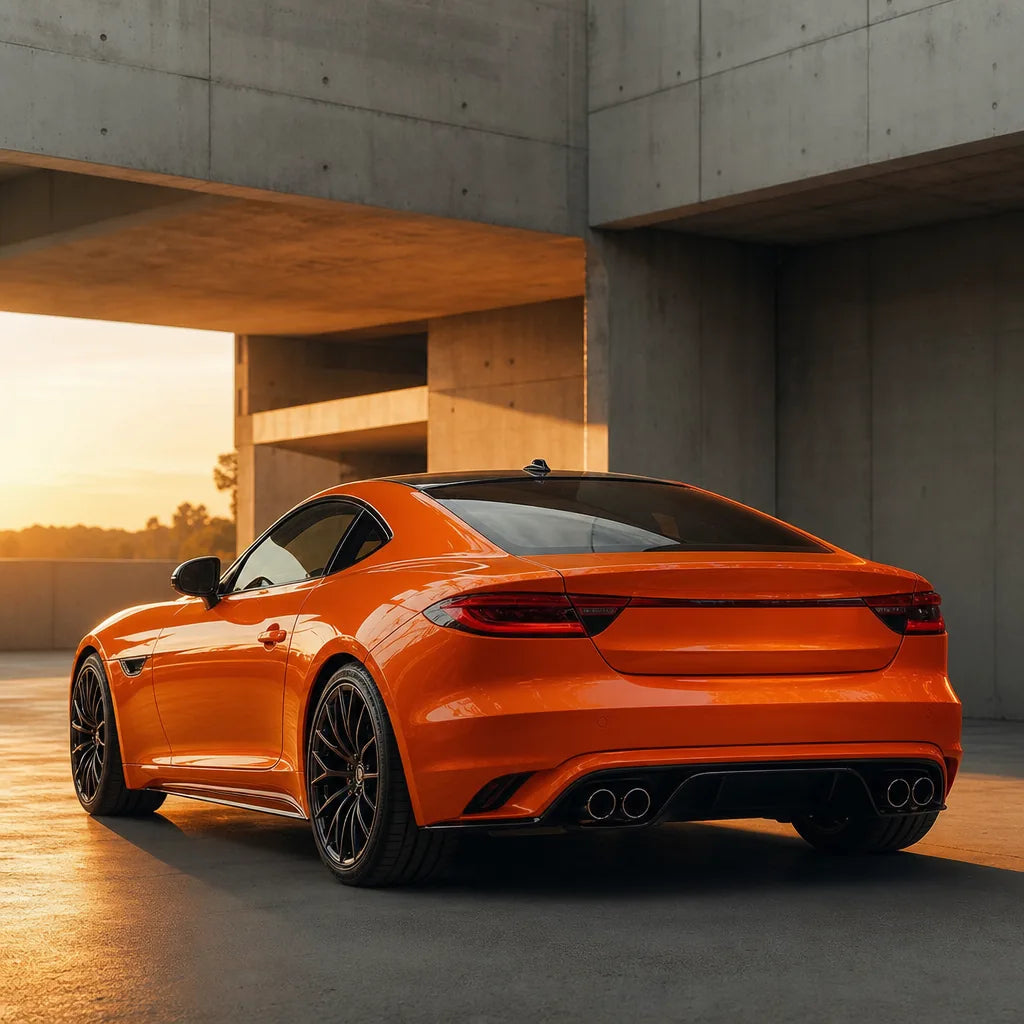 Luxury car wrapped in Metallic Fiery Orange gloss colored PPF at golden hour | Veloro