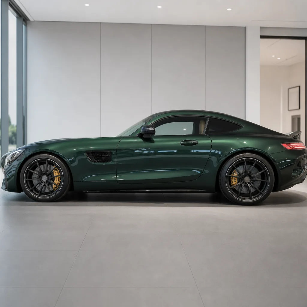 Metallic Forest Green gloss colored PPF wrapped on a Mercedes-AMG GT side profile | Veloro