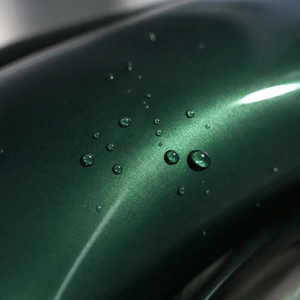 Close-up of Metallic Forest Green gloss colored PPF surface texture | Veloro