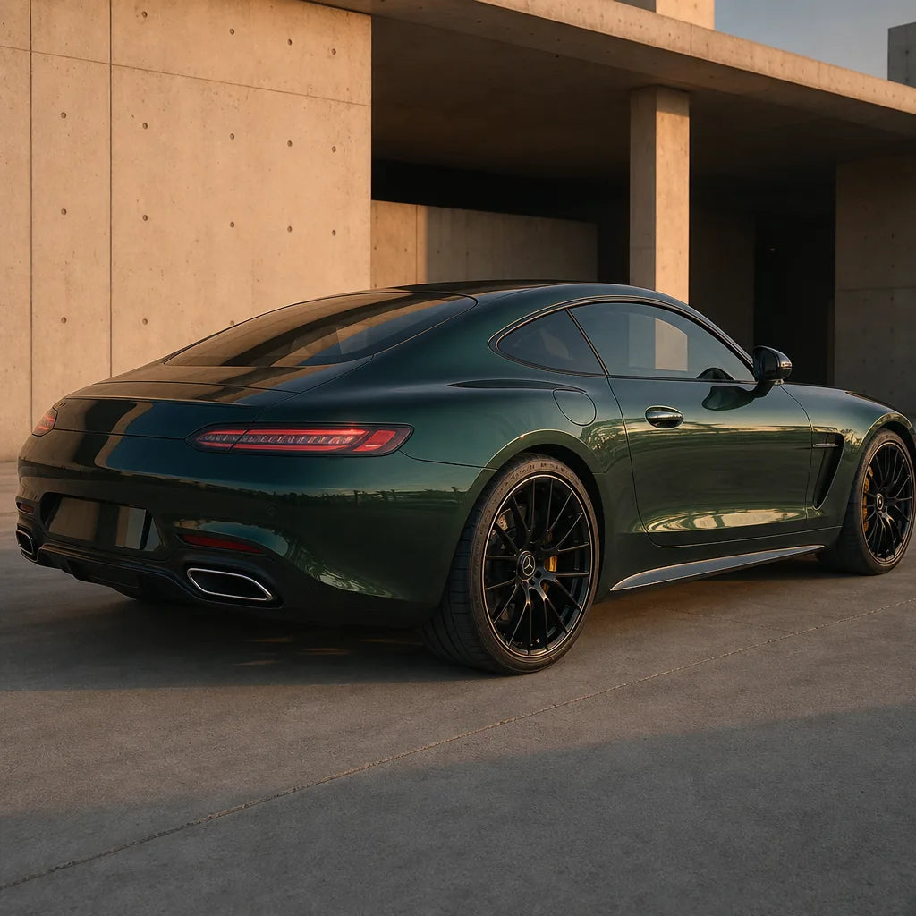 Luxury car wrapped in Metallic Forest Green gloss colored PPF at golden hour | Veloro