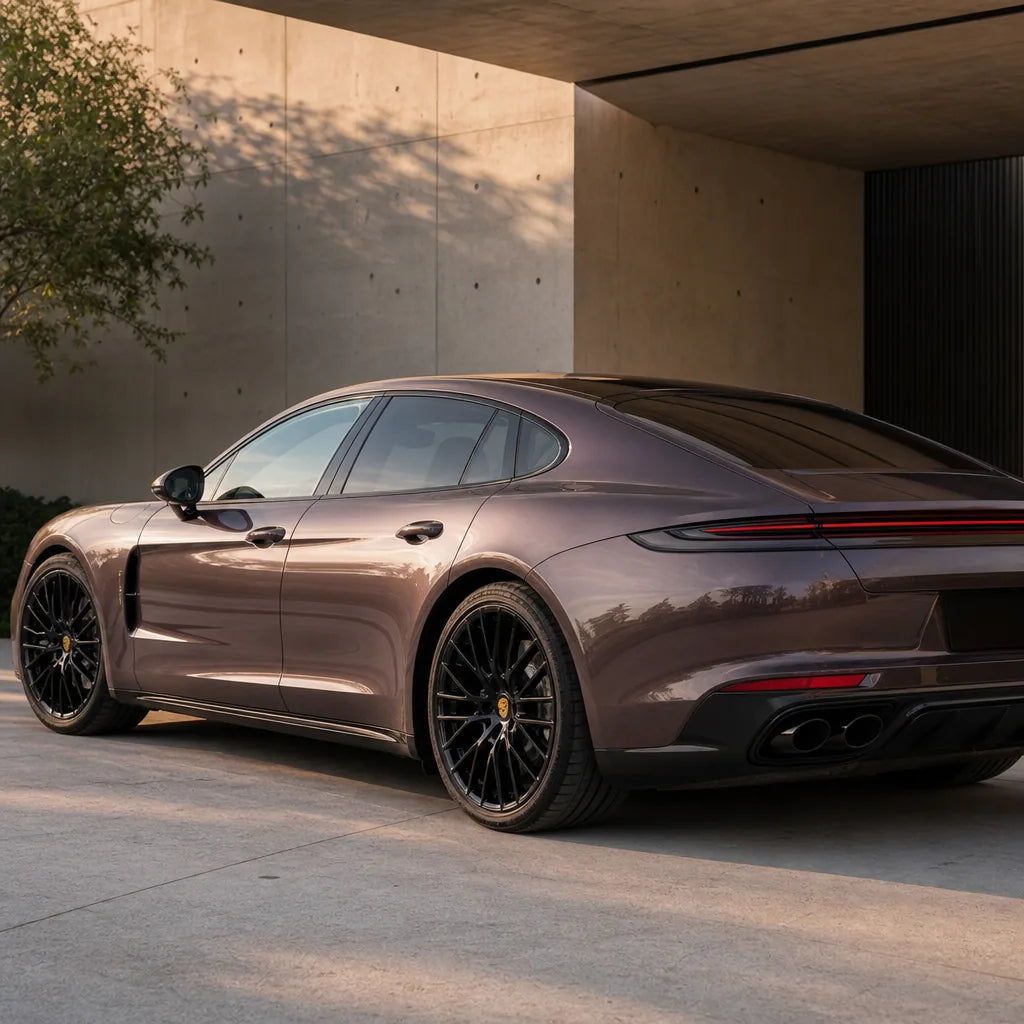 Luxury car wrapped in Metallic Frozen Berry Pink gloss colored PPF at golden hour | Veloro