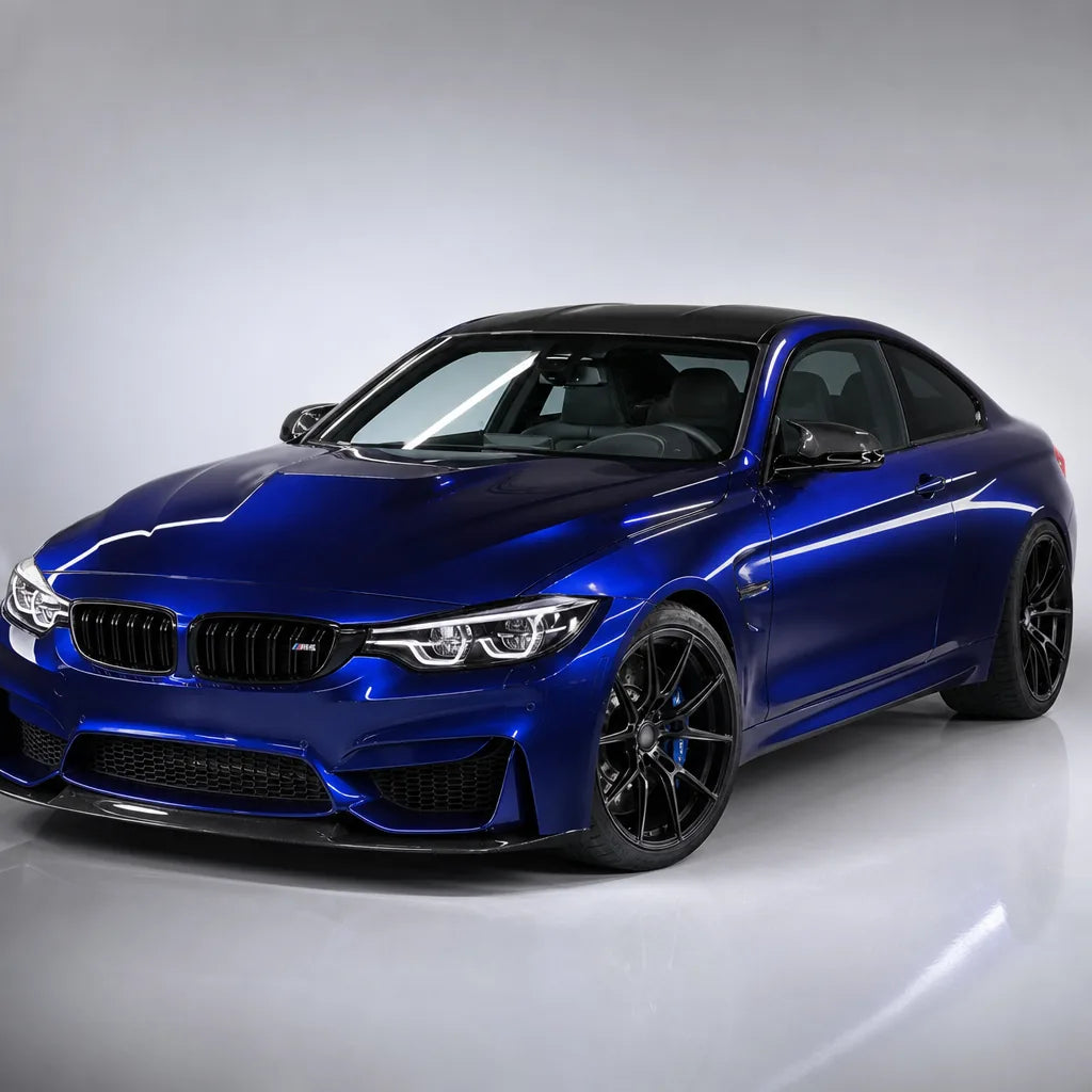 Metallic Gentian Blue gloss colored PPF wrapped on a BMW M4 | Veloro