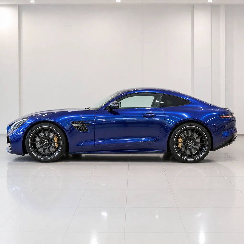Metallic Gentian Blue gloss colored PPF wrapped on a Mercedes-AMG GT side profile | Veloro