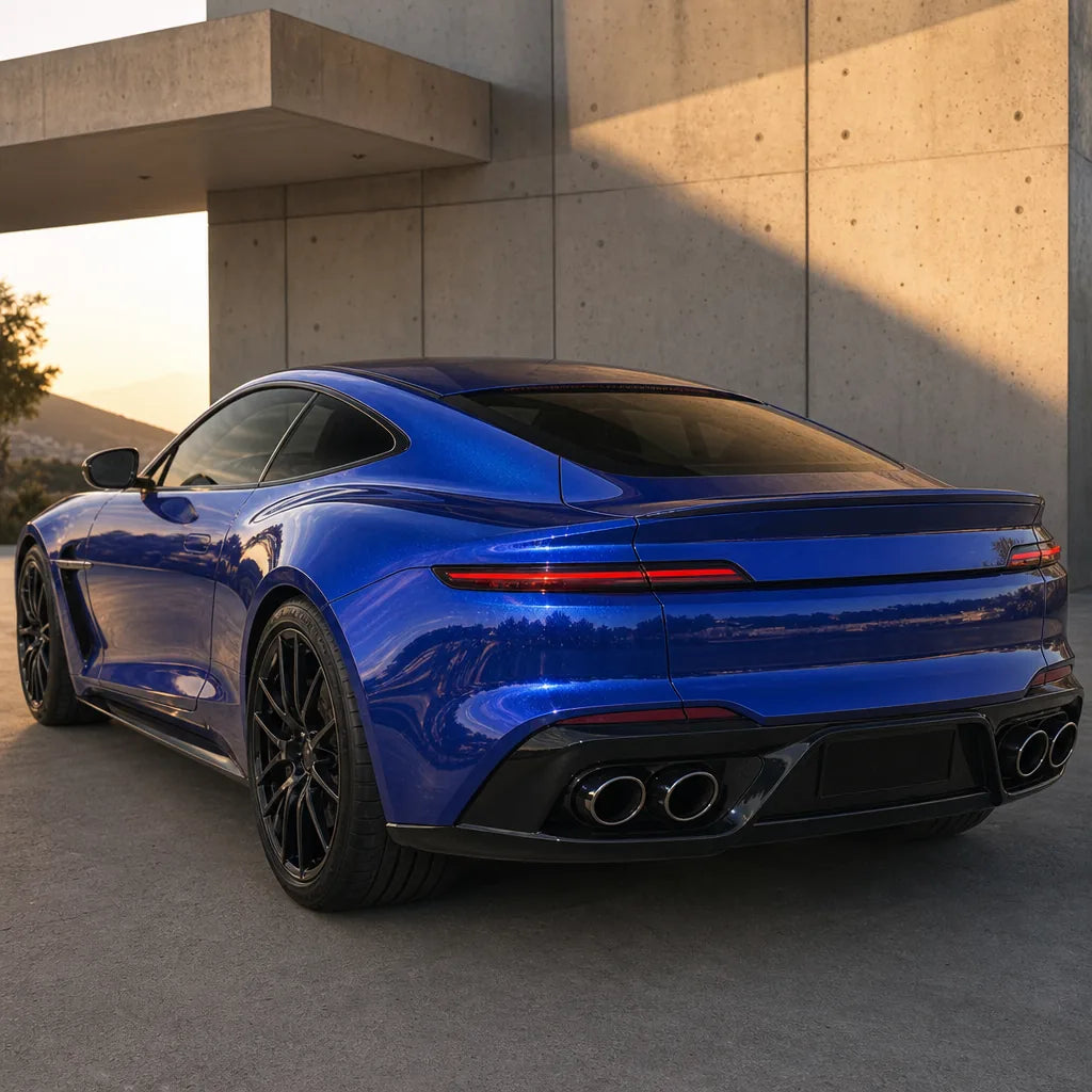Luxury car wrapped in Metallic Gentian Blue gloss colored PPF at golden hour | Veloro