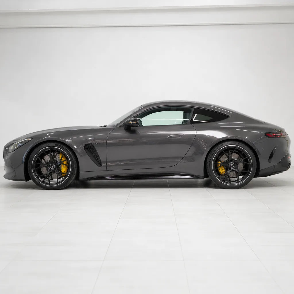 Metallic Glitter Grey gloss colored PPF wrapped on a Mercedes-AMG GT side profile | Veloro
