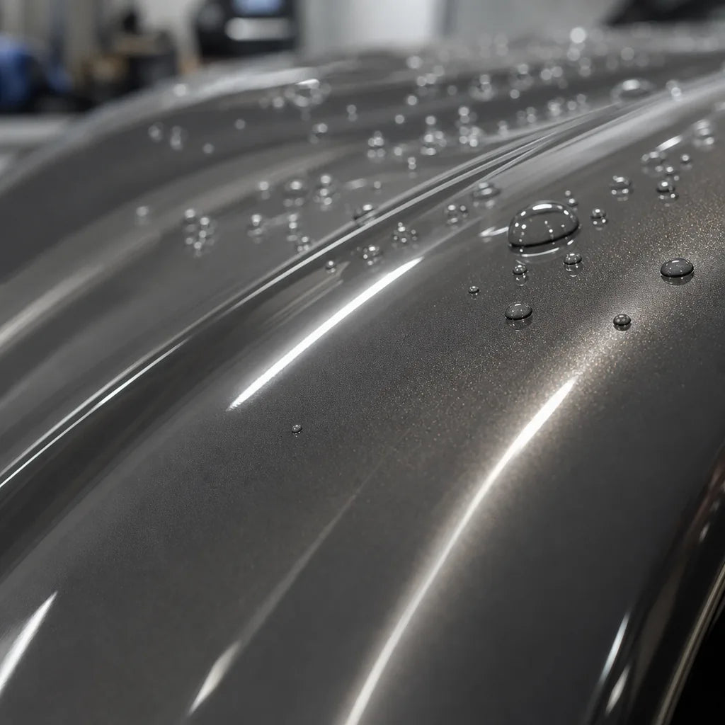 Close-up of Metallic Glitter Grey gloss colored PPF surface texture | Veloro
