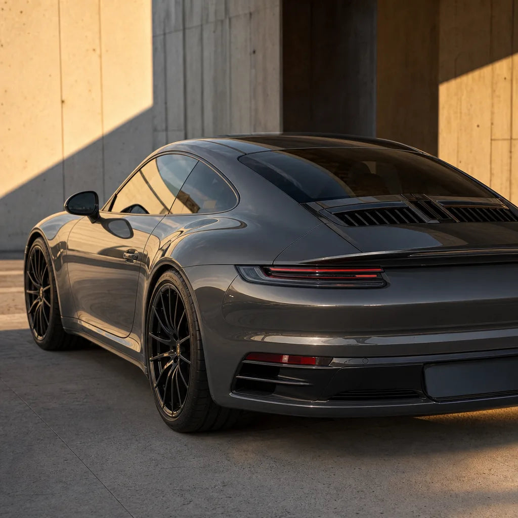 Luxury car wrapped in Metallic Glitter Grey gloss colored PPF at golden hour | Veloro