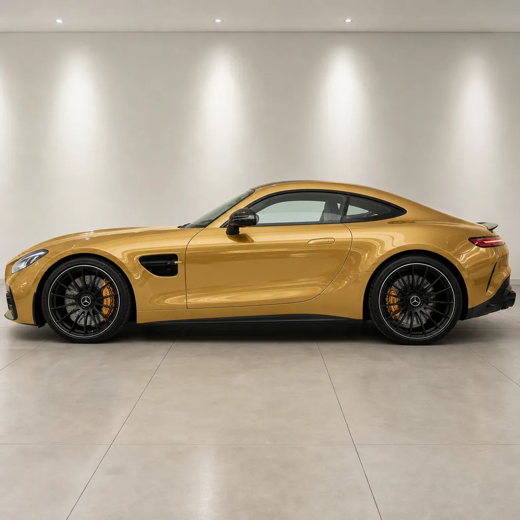 Metallic Gold gloss colored PPF wrapped on a Mercedes-AMG GT side profile | Veloro