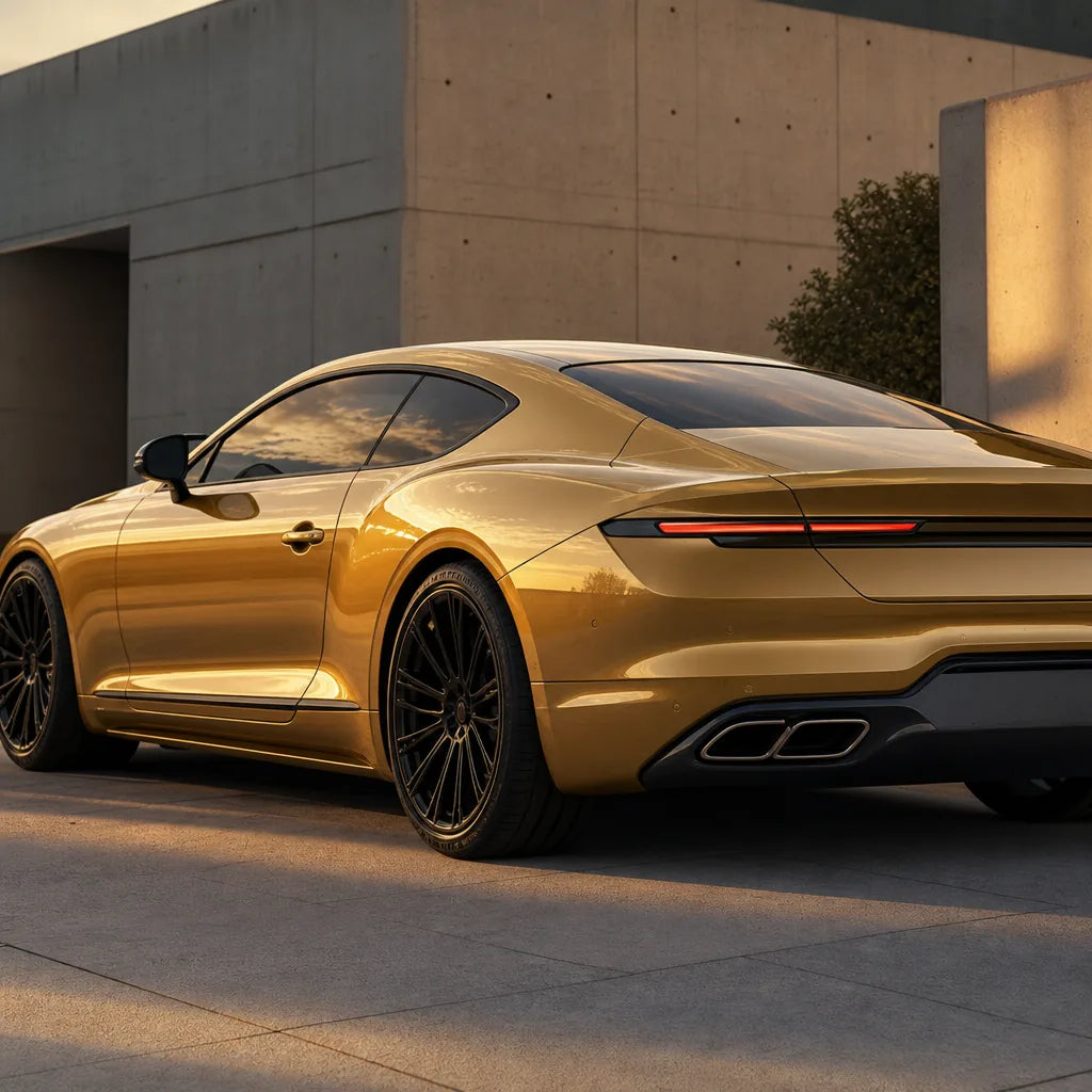 Luxury car wrapped in Metallic Gold gloss colored PPF at golden hour | Veloro