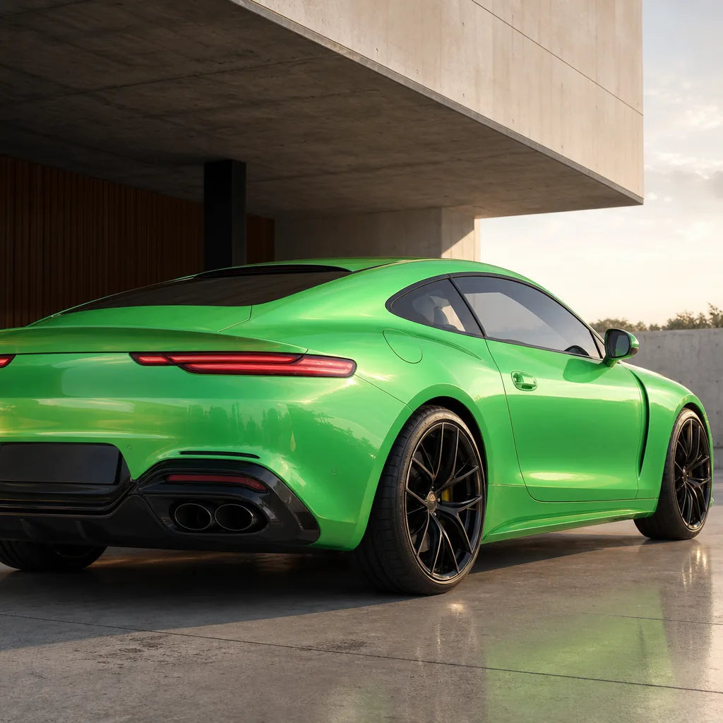 Luxury car wrapped in Metallic Gold Green Color PPF gloss colored PPF at golden hour | Veloro