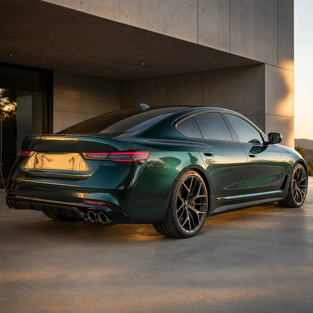 Luxury car wrapped in Metallic Gotland Green gloss colored PPF at golden hour | Veloro