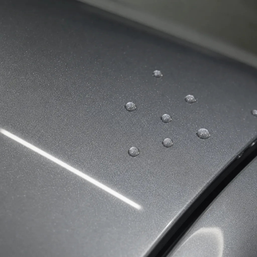 Close-up of Metallic Porsche GT Silver gloss colored PPF surface texture | Veloro
