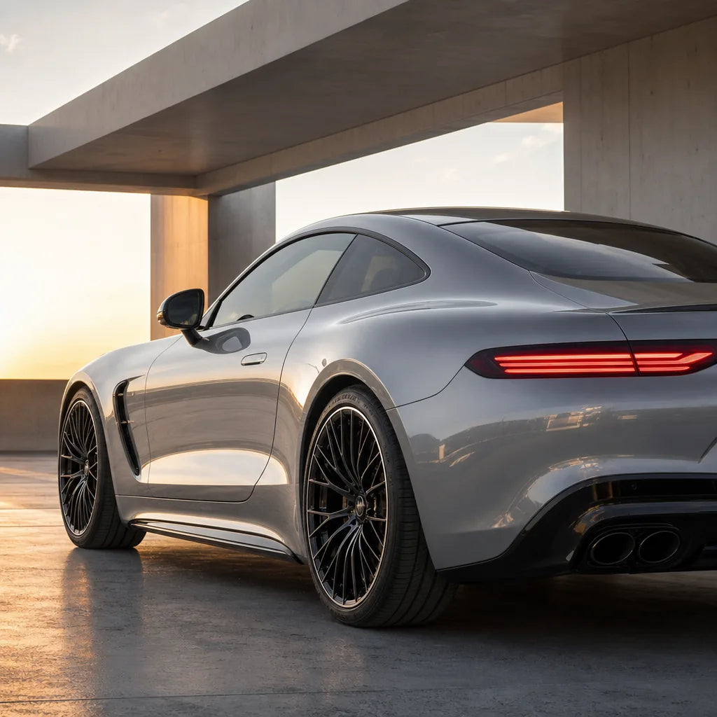 Luxury car wrapped in Metallic Porsche GT Silver gloss colored PPF at golden hour | Veloro