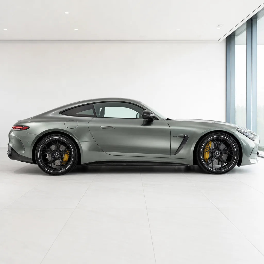 Metallic Hadlin Green gloss colored PPF wrapped on a Mercedes-AMG GT side profile | Veloro