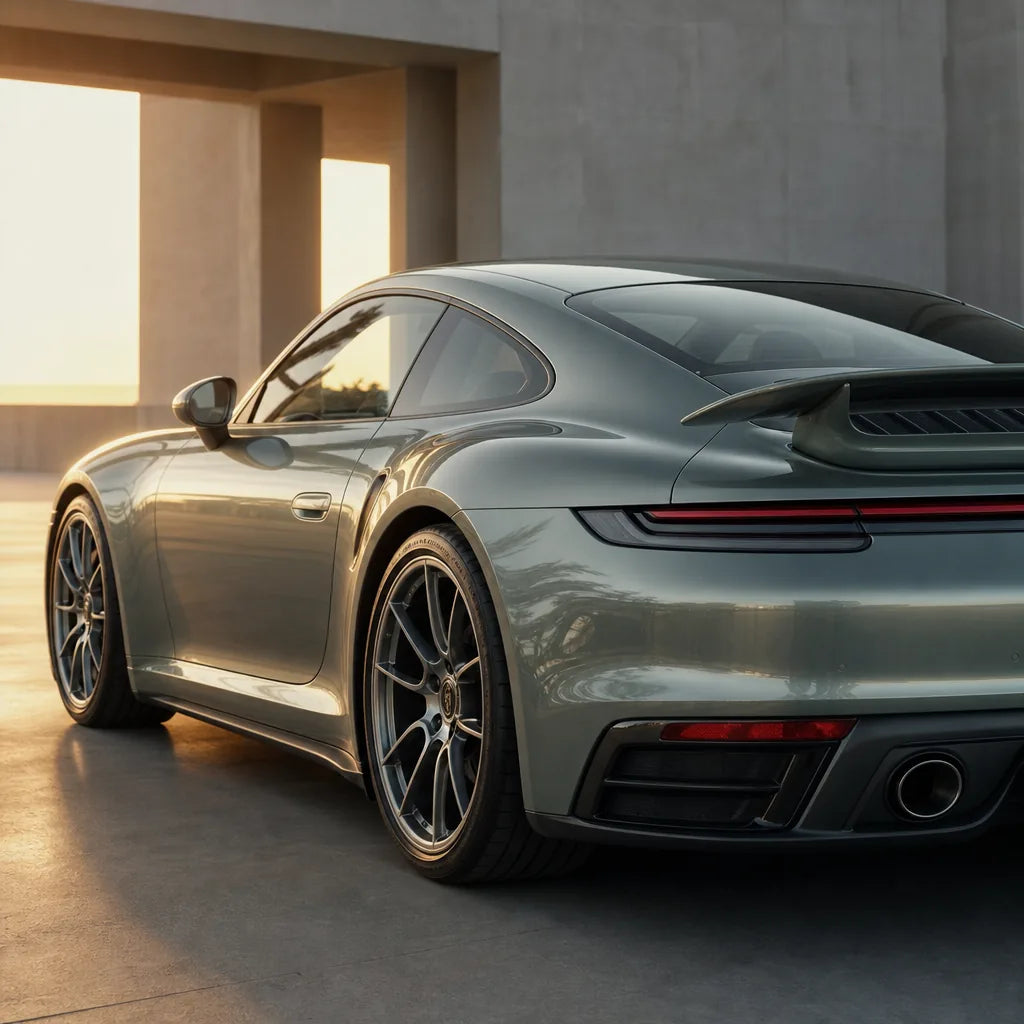 Luxury car wrapped in Metallic Hadlin Green gloss colored PPF at golden hour | Veloro
