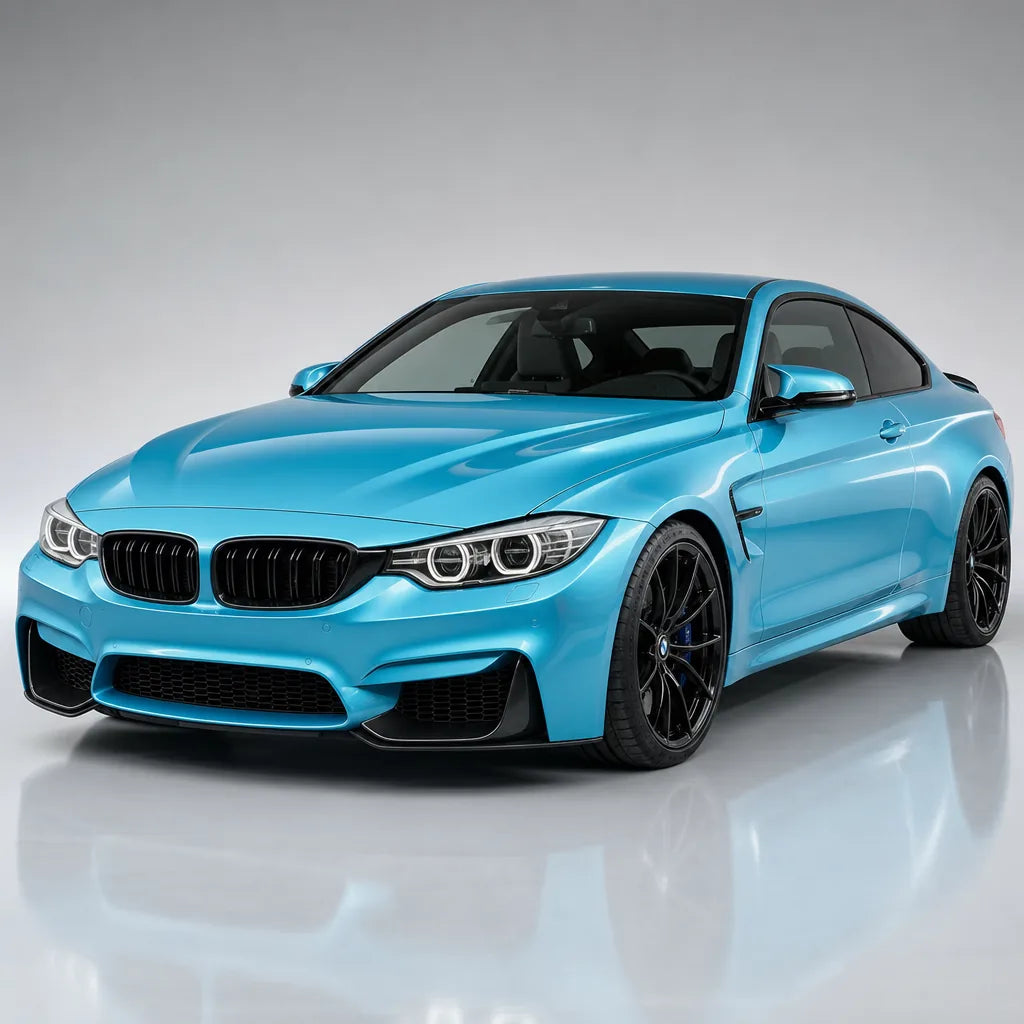 Metallic Neon Ice Blue gloss colored PPF wrapped on a BMW M4 | Veloro