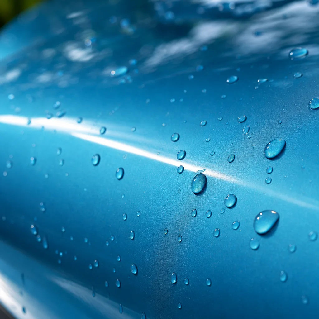 Close-up of Metallic Neon Ice Blue gloss colored PPF surface texture | Veloro