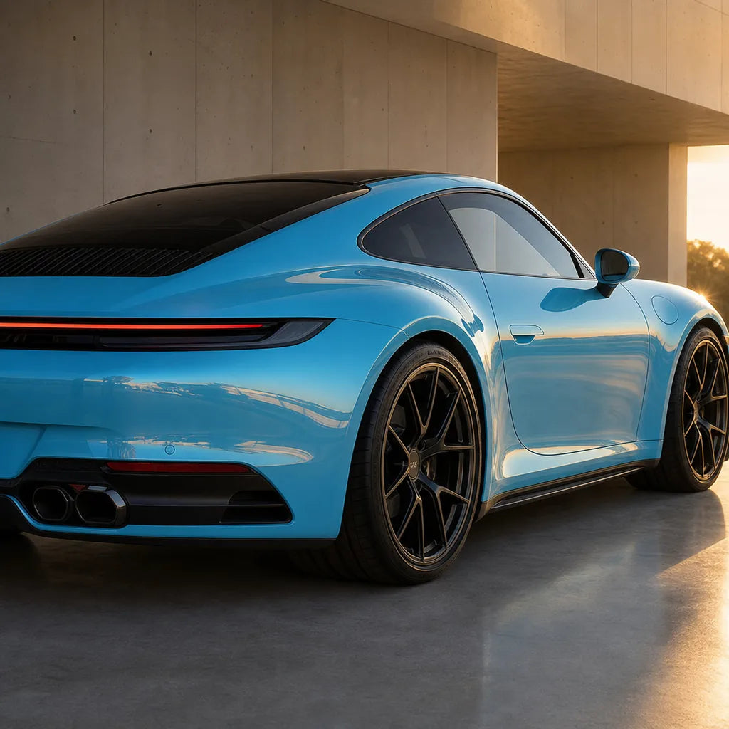 Luxury car wrapped in Metallic Neon Ice Blue gloss colored PPF at golden hour | Veloro