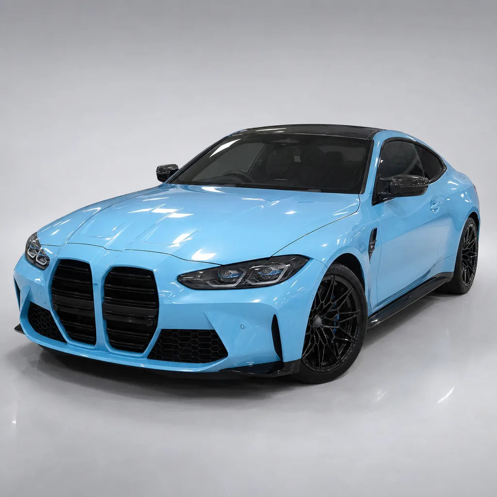 Metallic Ice Blue gloss colored PPF wrapped on a BMW M4 | Veloro