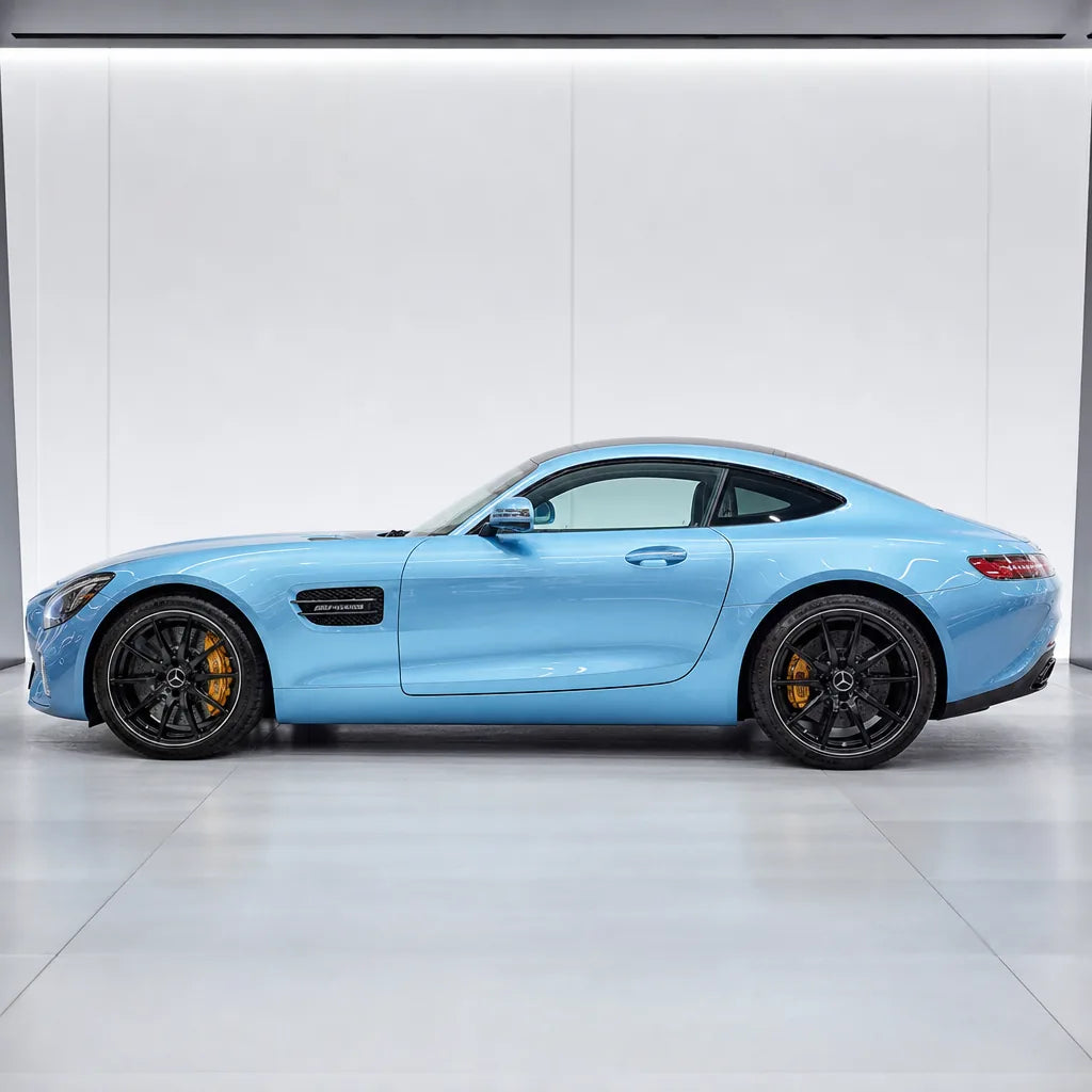 Metallic Ice Blue gloss colored PPF wrapped on a Mercedes-AMG GT side profile | Veloro