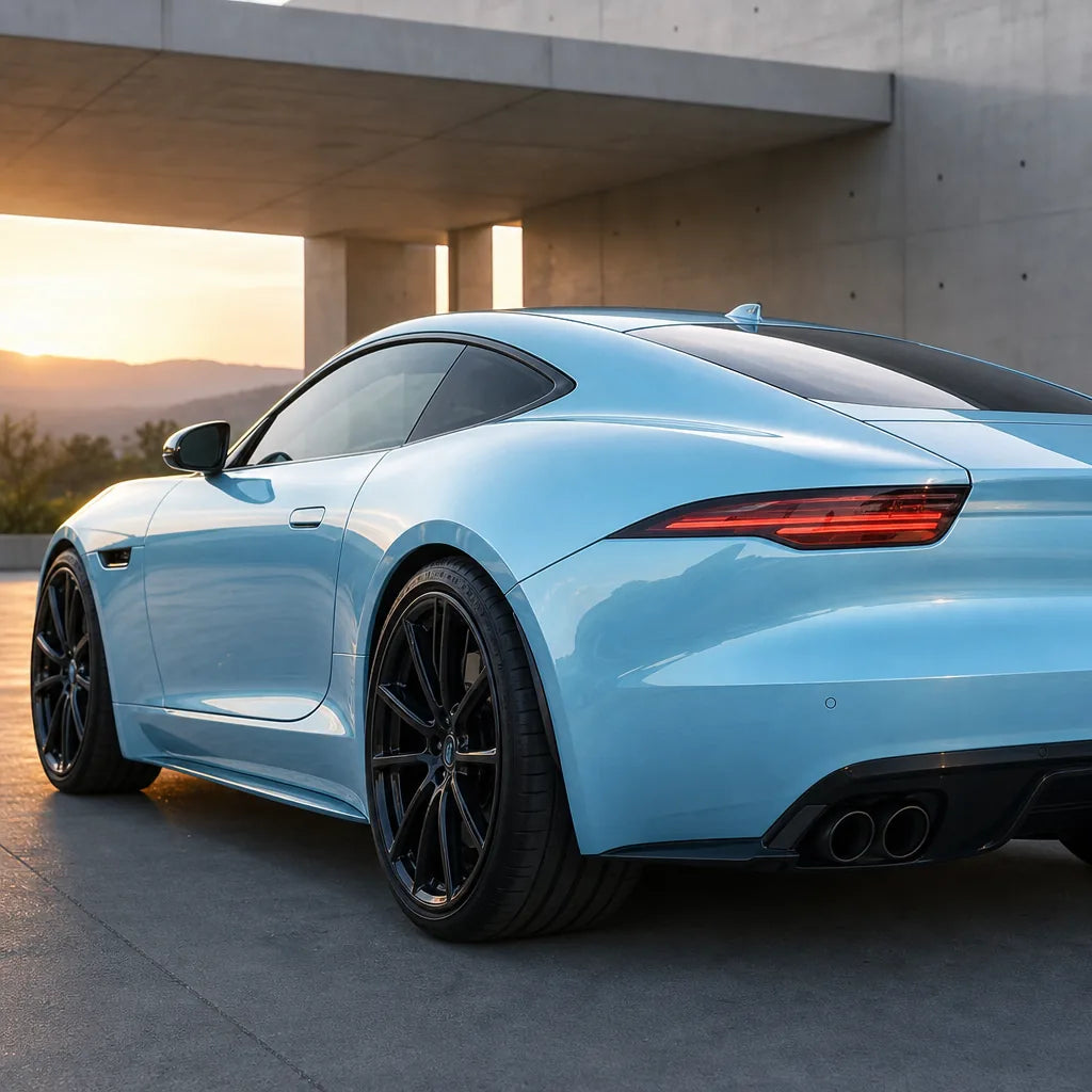 Luxury car wrapped in Metallic Ice Blue gloss colored PPF at golden hour | Veloro
