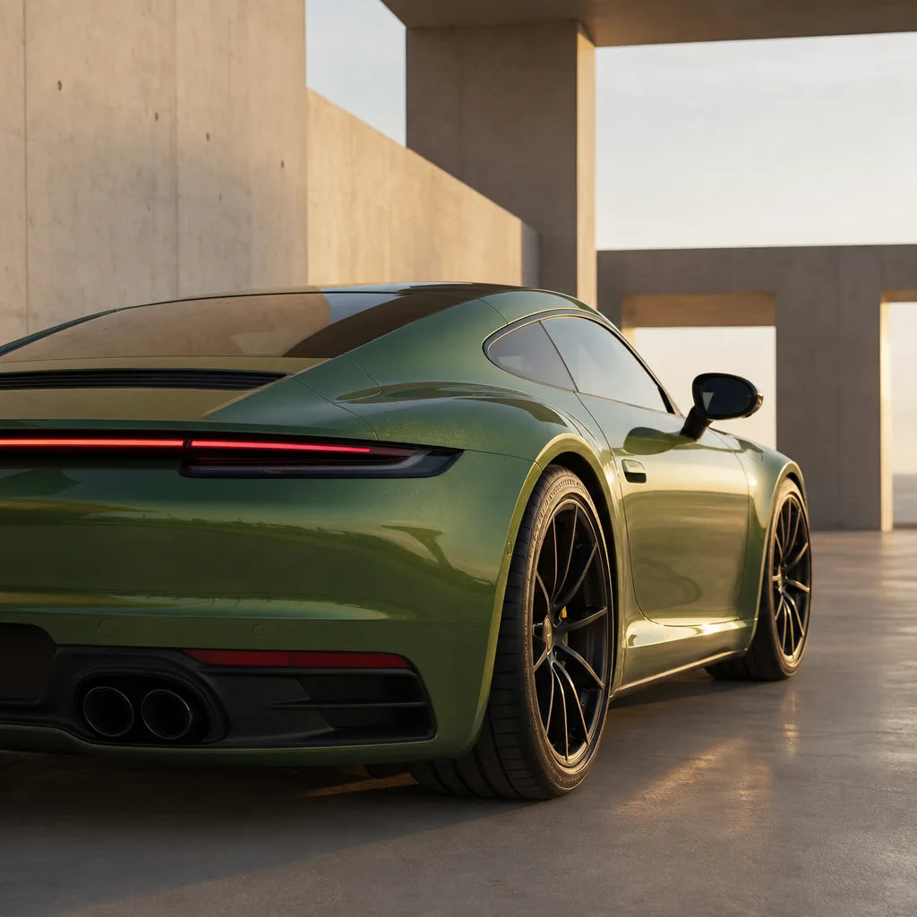Luxury car wrapped in Metallic Iridescent Emerald Green gloss colored PPF at golden hour | Veloro